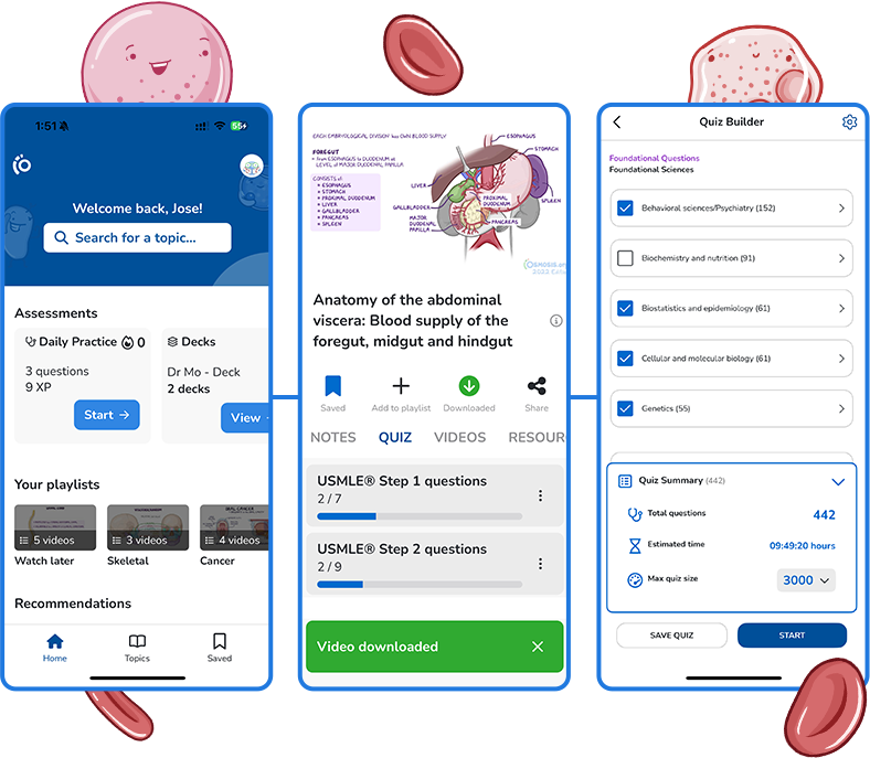 screenshots of the Osmosis mobile app dashboard, video and quiz builder