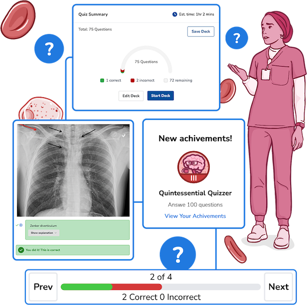 female doctor with an image of the Osmosis quiz builder, question of an x-ray and quiz badge