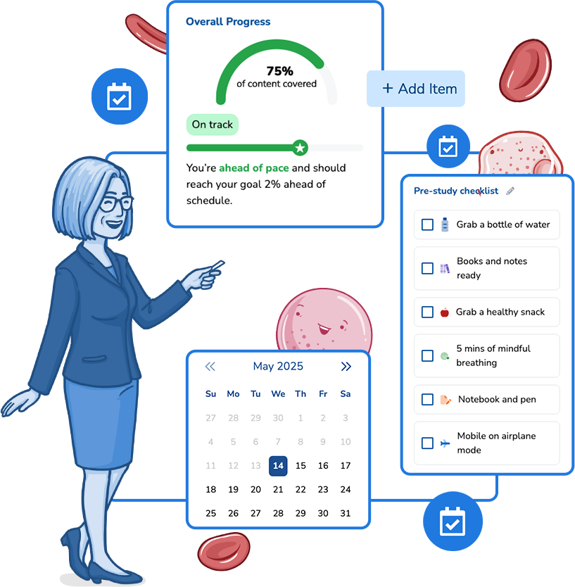 teacher with screenshot of study schedule with calendar and pre-study checklist