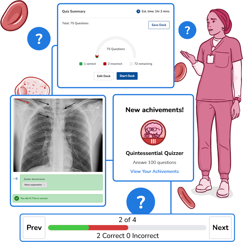 female doctor with an image of the Osmosis quiz builder, question of an x-ray and quiz badge